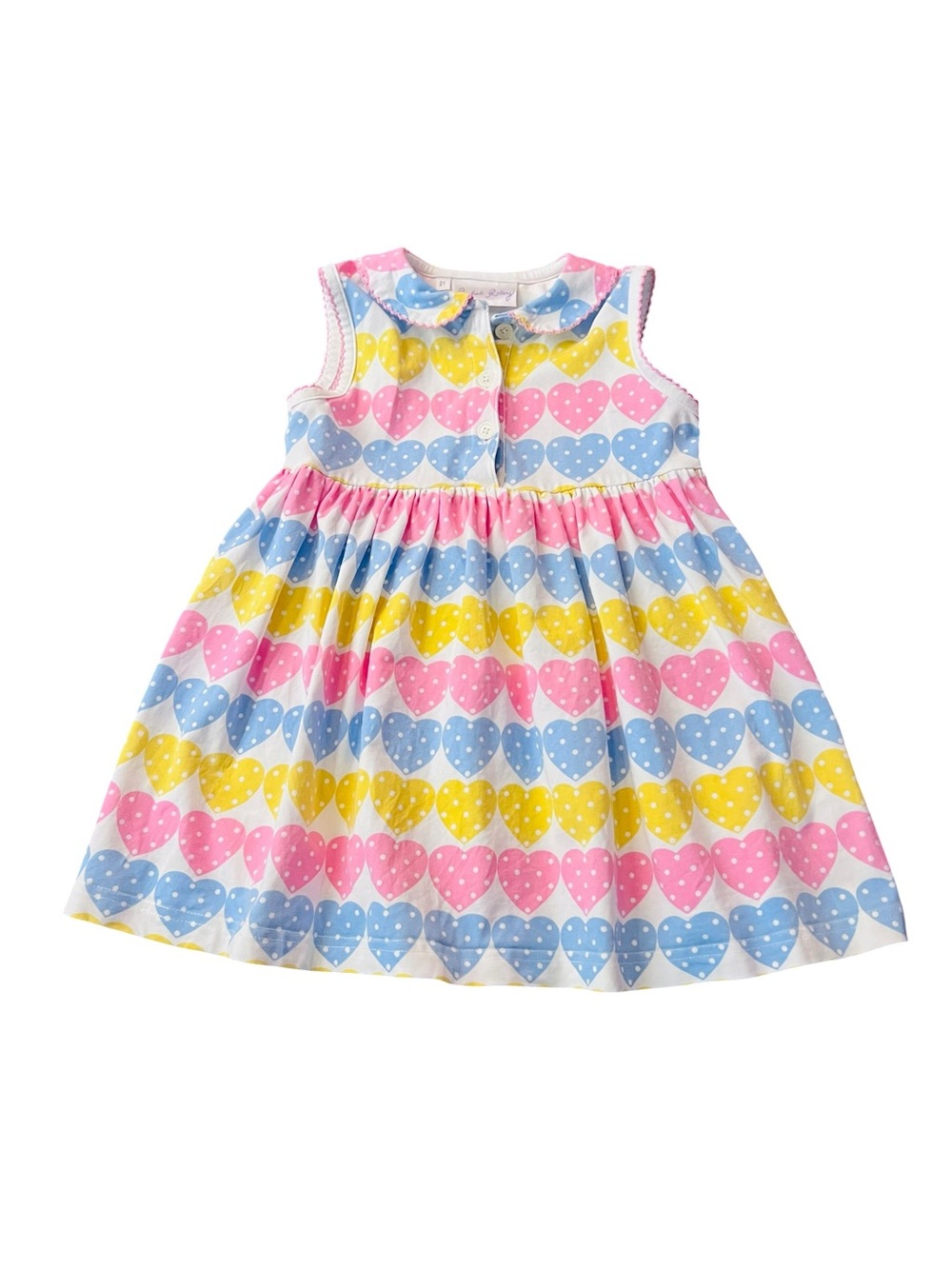 Rachel Riley Sleeveless Heart Print Dress in Pink, Blue & Yellow Size 2Y